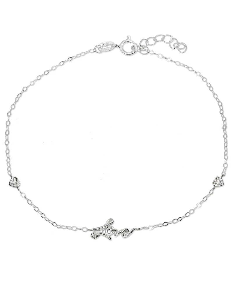 Cubic Zirconia "Love" Ankle Bracelet Sterling Silver or Two Tone & 18K Gold-Plated