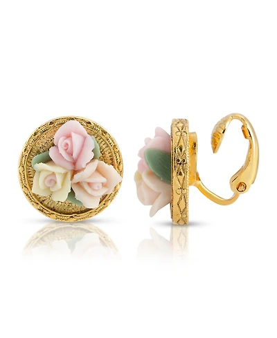 2028 Gold Tone 3 Flower Pink White Porcelain Flower Round Button Clip Earring
