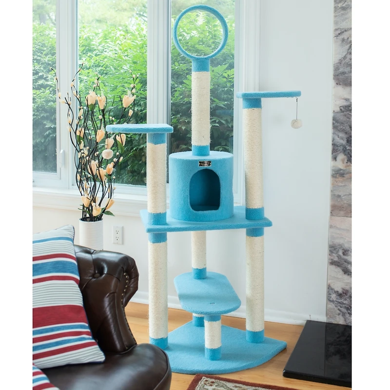 Armarkat B6605 65-Inch Classic Real Wood Cat Tree in Sky Blue with Five Levels, Perch, and Hanging Tunnel - Jackson Galaxy Approved