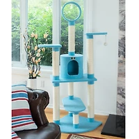 Armarkat B6605 65-Inch Classic Real Wood Cat Tree in Sky Blue with Five Levels, Perch, and Hanging Tunnel - Jackson Galaxy Approved