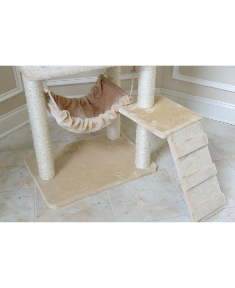GleePet GP78570921 57-Inch Real Wood Cat Tree In Beige With Perches, Running Ramp, Condo And Hammock