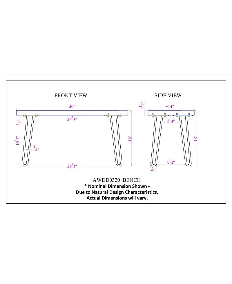 Alaterre Furniture Hairpin Natural Live Edge Bench with Coat Hook Set