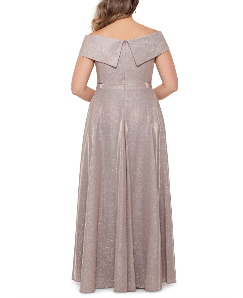 Xscape Plus Size Off-the-Shoulder Glitter Gown