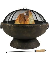 Outdoor Camping or Backyard Large Fire Pit Bowl with Spark Screen, Log Poker, and Metal Wood Grate - 30" - Bronze