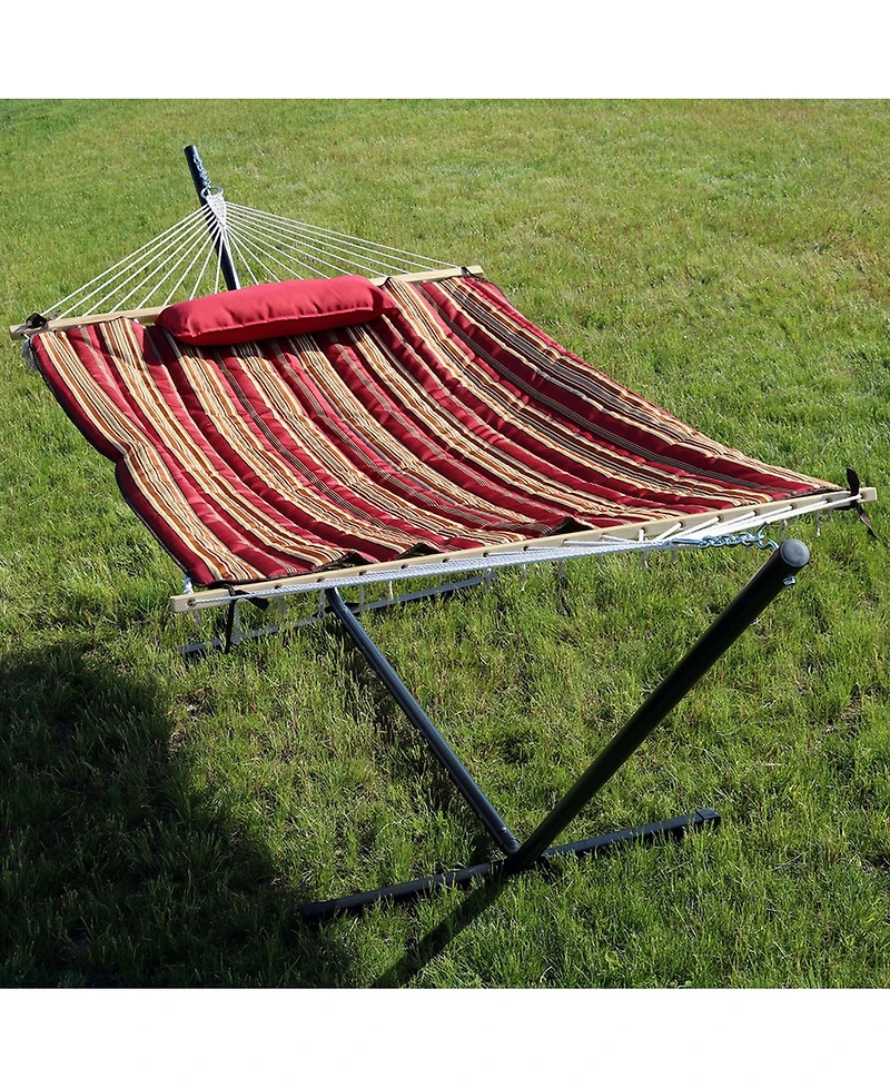 Cotton Rope Freestanding Hammock with Spreader Bar Portable Steel Stand and Pad Pillow Set - 12'