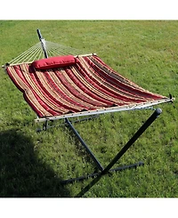 Cotton Rope Freestanding Hammock with Spreader Bar Portable Steel Stand and Pad Pillow Set - 12'