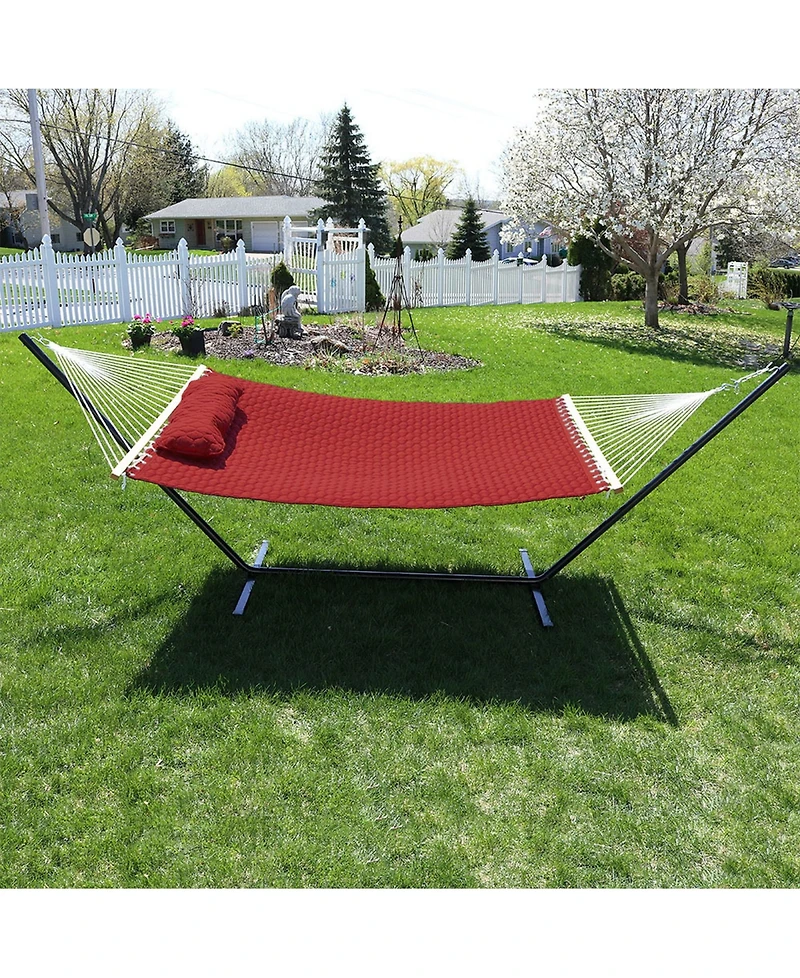 Quilted Fabric Double Hammock with 12-Foot Stand - 400-Pound Capacity - Black Stand - Red