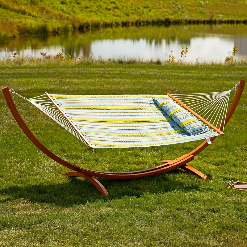 Quilted Double Fabric 2-Person Hammock with Curved Arc Wood Stand
