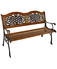 2-Person Ivy Crossweave Design Cast Iron and Wood Frame Outdoor Garden Bench