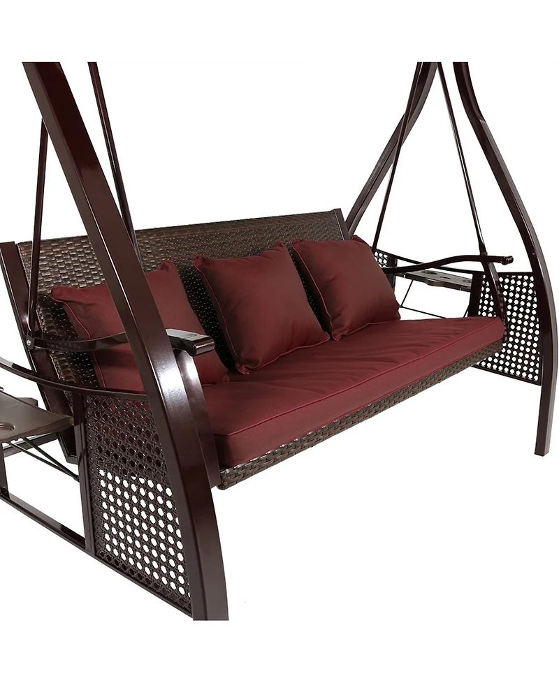 3-Seat Deluxe Patio Swing with Steel Frame and Canopy - 600-Pound Weight Capacity - Maroon Cushions Included