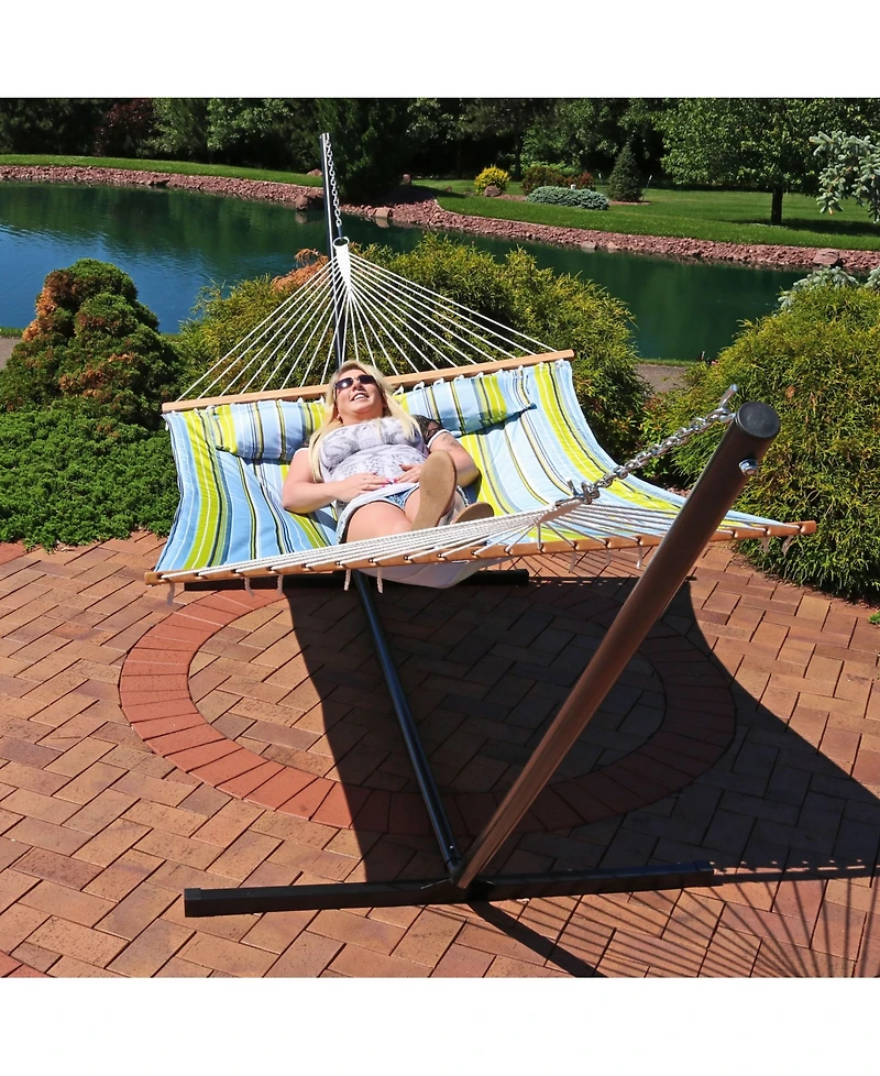 Outdoor 2-Person Quilted Fabric Hammock with Spreader Bars and Freestanding Stand