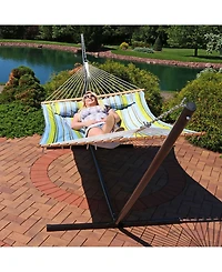 Outdoor 2-Person Quilted Fabric Hammock with Spreader Bars and Freestanding Stand
