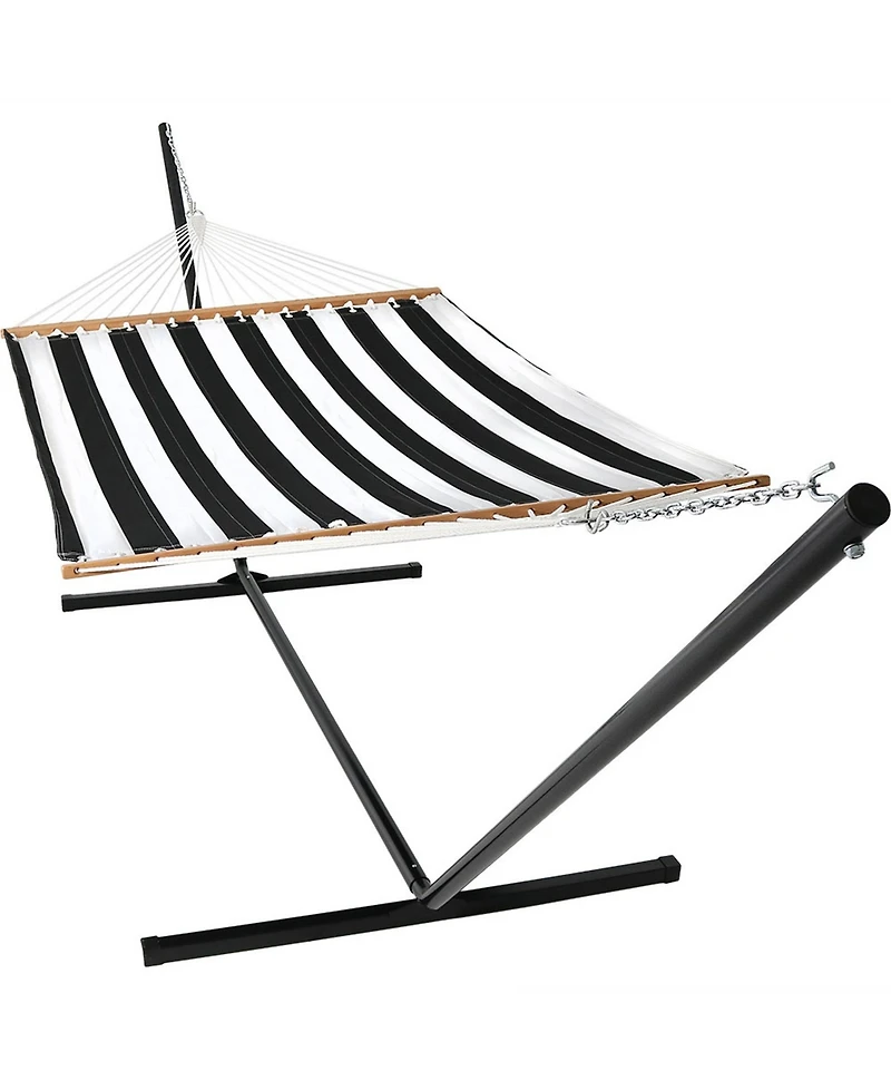 Outdoor 2-Person Quilted Fabric Hammock with Spreader Bars and Freestanding Stand