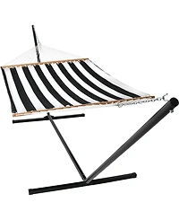Outdoor 2-Person Quilted Fabric Hammock with Spreader Bars and Freestanding Stand