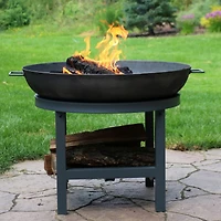 Outdoor Camping or Backyard Cast Iron Round Fire Pit with Built-In Log Rack - 30" - Dark Gray
