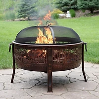 Outdoor Camping or Backyard Steel Northwoods Fishing Fire Pit with Spark Screen - 30" - Bronze