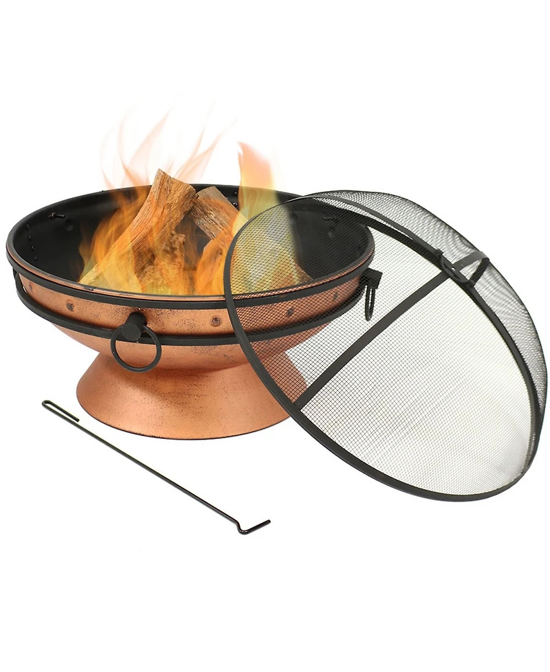 Outdoor Camping or Backyard Large Round Fire Pit Bowl with Handles and Spark Screen - 30" - Copper Finish