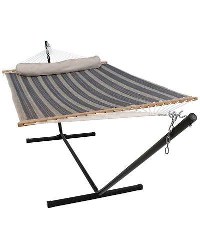 Outdoor 2-Person Quilted Fabric Hammock with Spreader Bars and Freestanding Stand