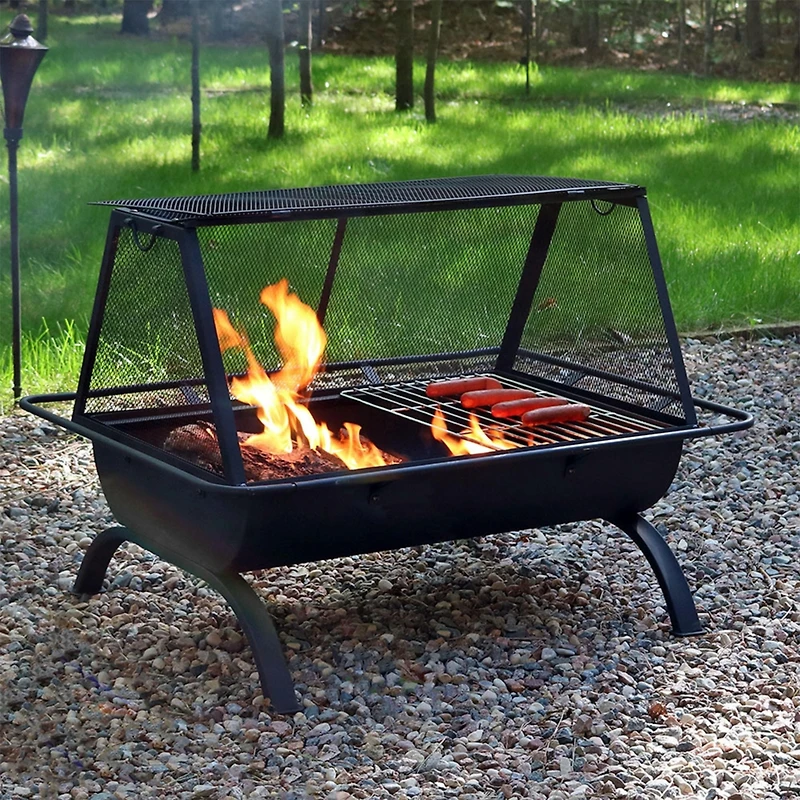 Outdoor Camping or Backyard Rectangular Northland Fire Pit with Cooking Grill Grate, Spark Screen, Log Poker, and Fire Pit Cover - 36"