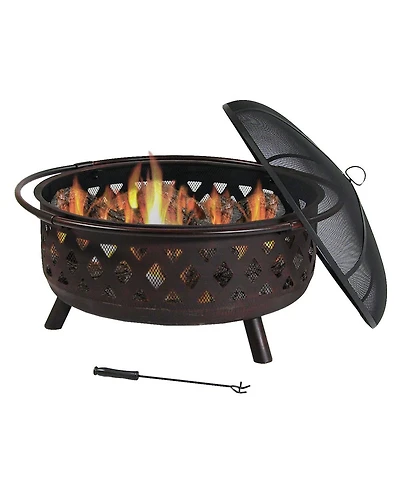 Outdoor Camping or Backyard Crossweave Cut Out Fire Pit with Spark Screen, Log Poker, and Metal Wood Grate - Bronze