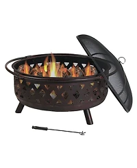 Outdoor Camping or Backyard Crossweave Cut Out Fire Pit with Spark Screen, Log Poker, and Metal Wood Grate - Bronze