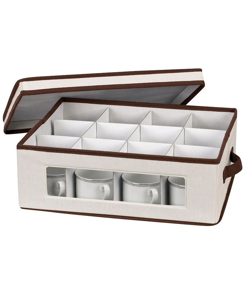 Household Essentials China Cup Storage Box, Windowed with Side Handles, Cream