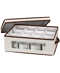 Household Essentials China Cup Storage Box, Windowed with Side Handles, Cream