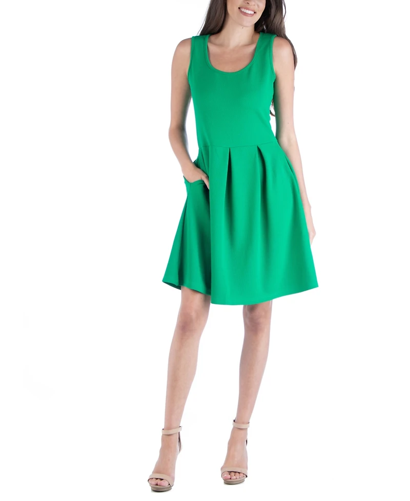 24seven Comfort Apparel Sleeveless Skater Pleated Mini Dress with Pockets