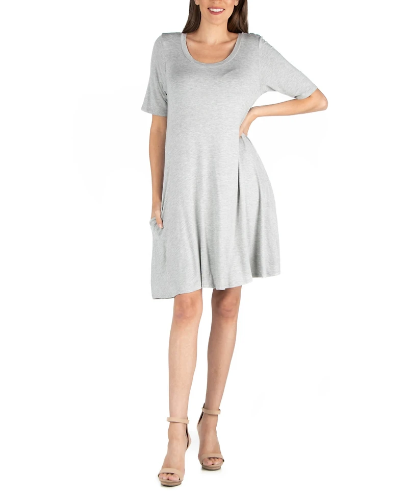 24seven Comfort Apparel Soft Flare T-Shirt Dress with Pocket Detail