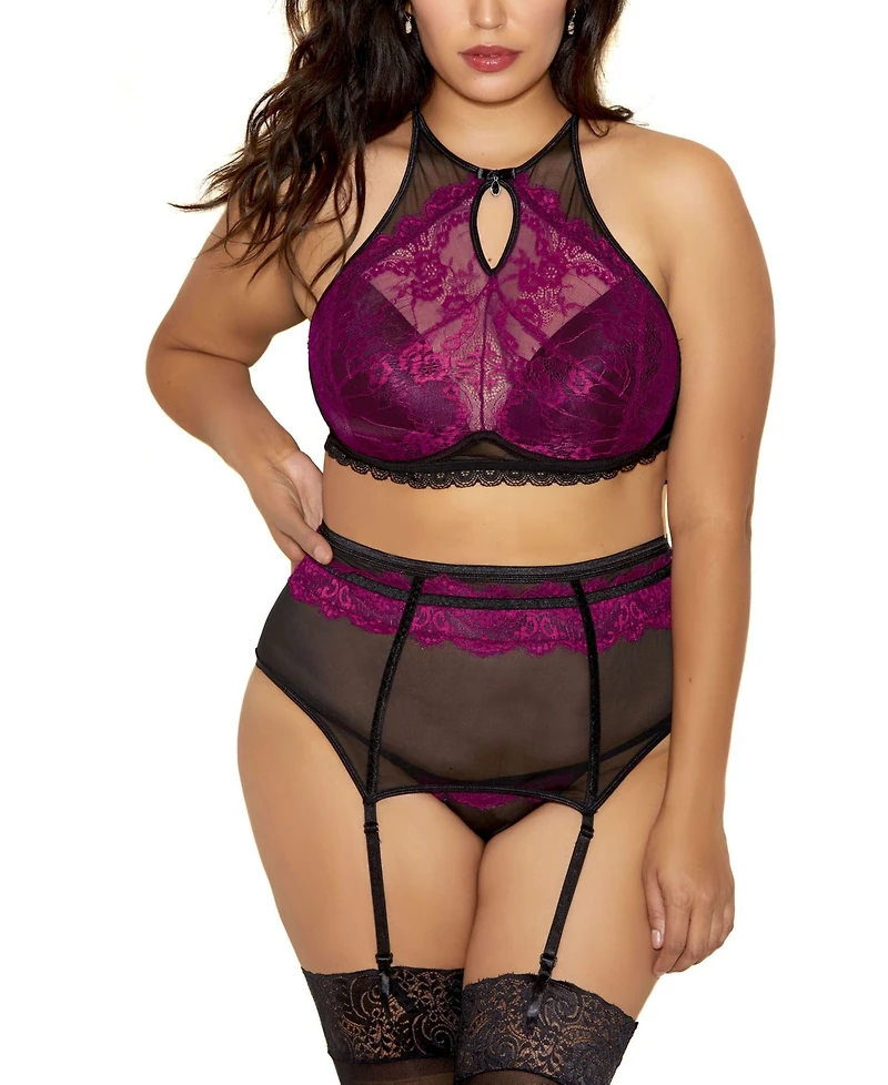 Luciana Plus Exotic Floral Lace Halter, Garter and Panty Lingerie Set, 3 Piece