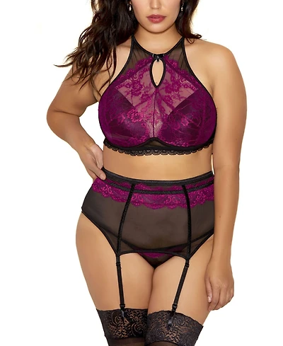 Luciana Plus Exotic Floral Lace Halter, Garter and Panty Lingerie Set, 3 Piece