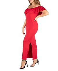 24seven Comfort Apparel Plus Ruffle Off The Shoulder Maxi Dress
