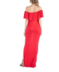 24seven Comfort Apparel Off Shoulder Ruffle Detail Maternity Maxi Dress