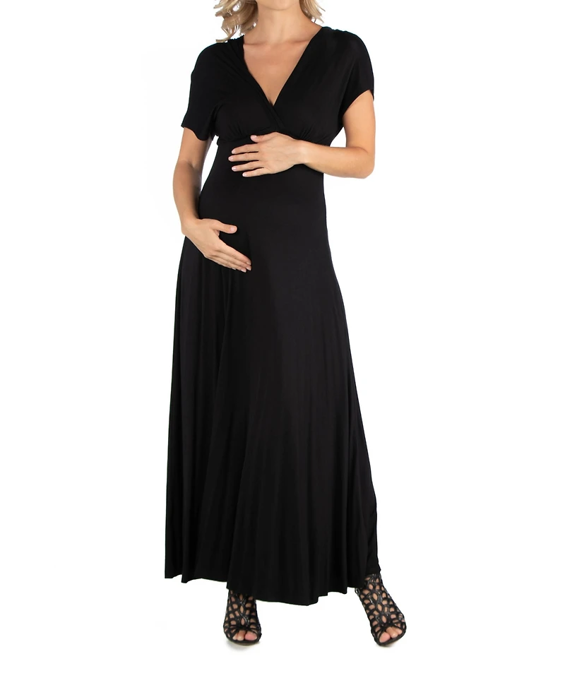 24seven Comfort Apparel Cap Sleeve V Neck Maternity Maxi Dress