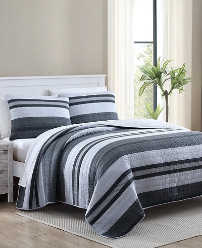 Nautica Ardmoore Grey Cotton Reversible 3-Piece Quilt Set, Full/Queen