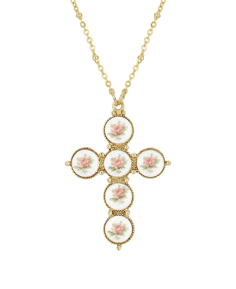 2028 Gold-Tone Pink Flower Decal Cross 30" Necklace