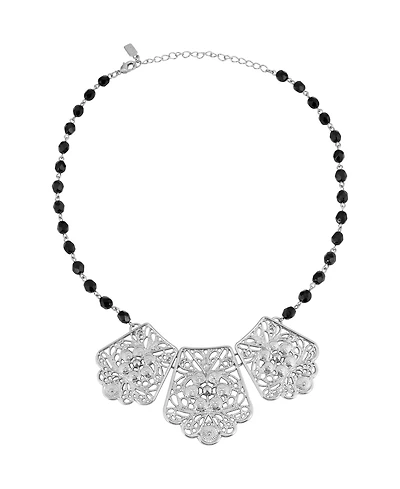 2028 Silver-Tone Black beaded Chain Metal Collar 16" Adjustable Necklace