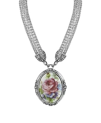 2028 Silver-Tone Mesh Tube Chain with Oval Flower Pendant 18" Necklace