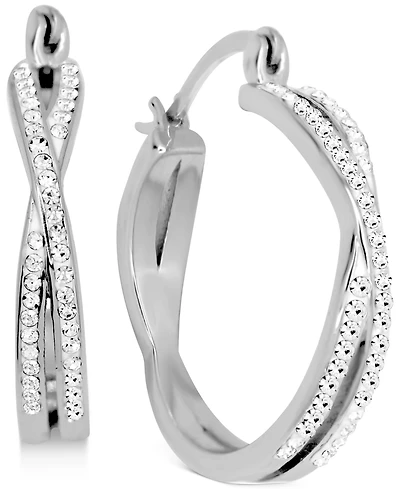 And Now This Crystal Small Crossover Hoop Earrings, 0.95" Silver Plate or Gold
