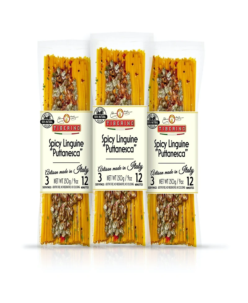 Tiberino One Pot Dish - Linguine Pasta Puttanesca with Tomato, Capers and Olives Sauce Sligthly Spicy - 8.8oz 250 Grams, Pack of 3