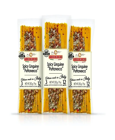 Tiberino One Pot Dish - Linguine Pasta Puttanesca with Tomato, Capers and Olives Sauce Sligthly Spicy - 8.8oz 250 Grams, Pack of 3