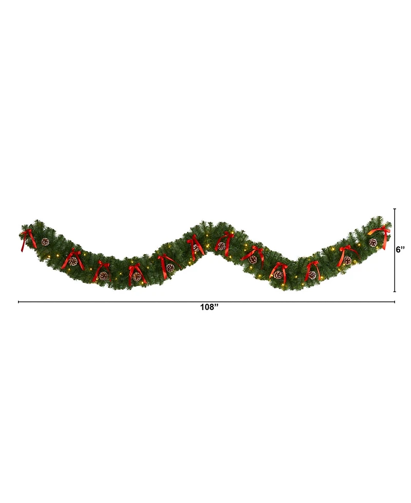 Nearly Natural Bow and Pinecone Artificial Christmas Garland with 35 Clear Led Lights