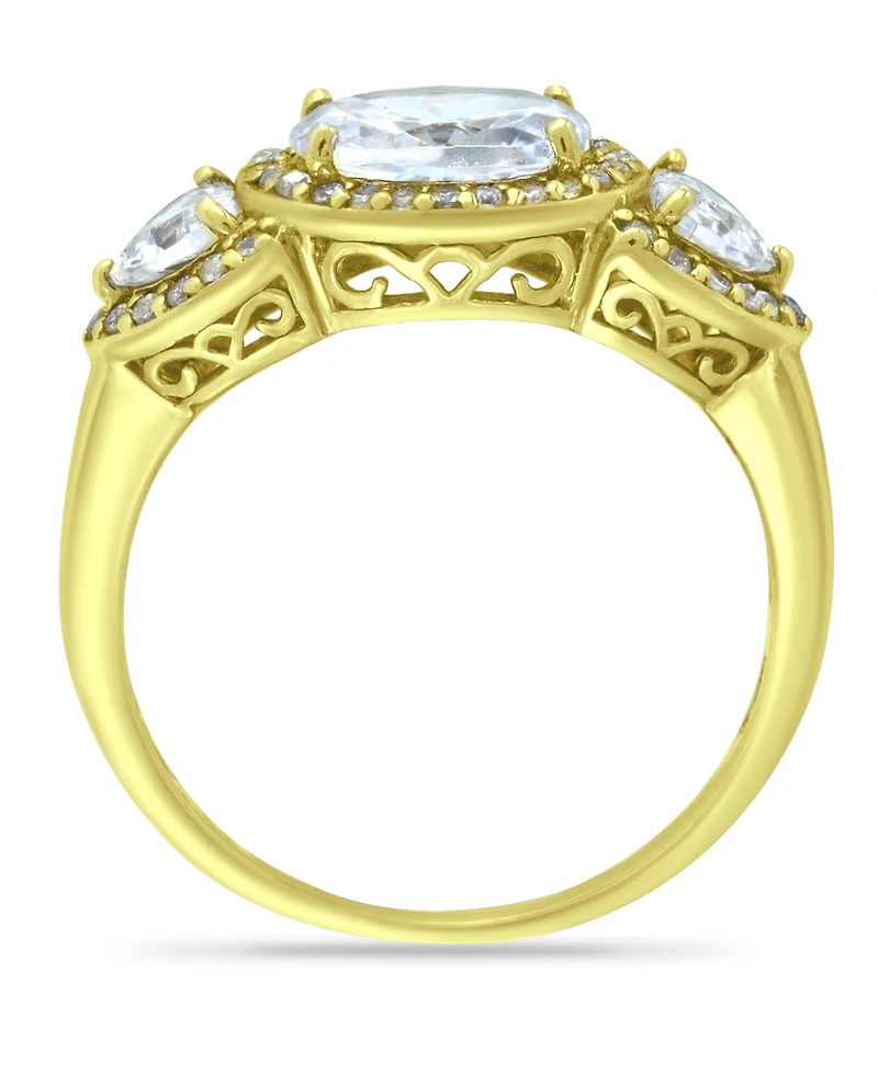 Cubic Zirconia Oval with Tanzanite Cz Accents 3 Stone Ring in 18K Gold Plate