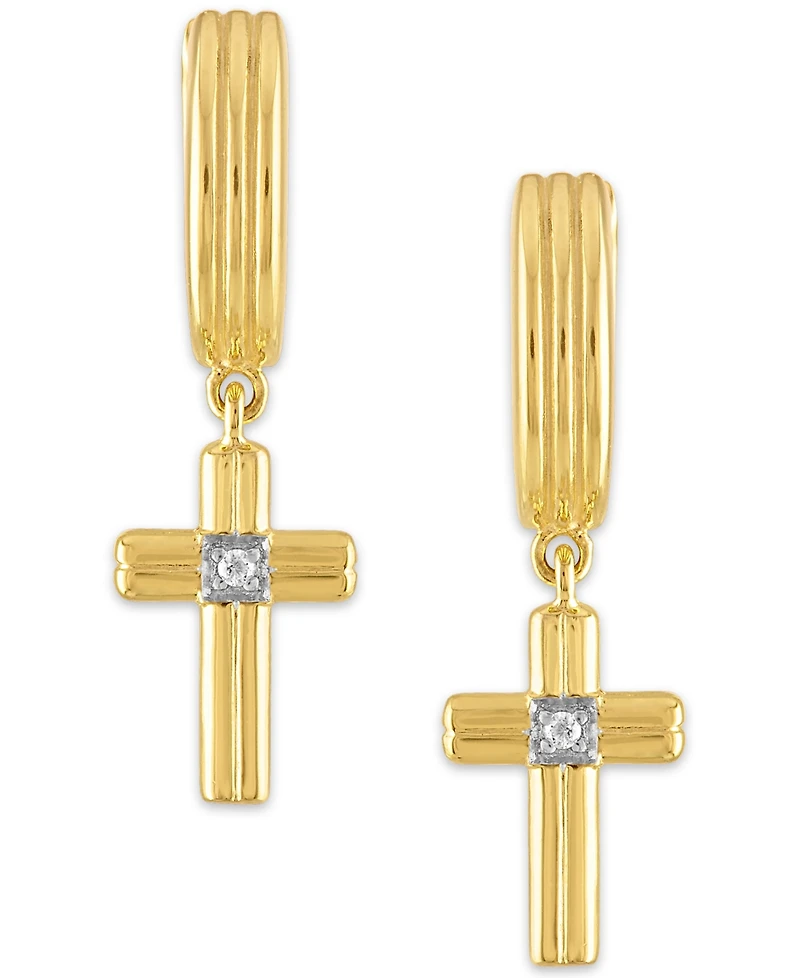 Esquire Men's Jewelry Diamond Accent Cross Drop Hoop Earrings in 14k Gold-Plated Sterling Silver, Sterling Silver or Black Ruthenium over silver, Crea