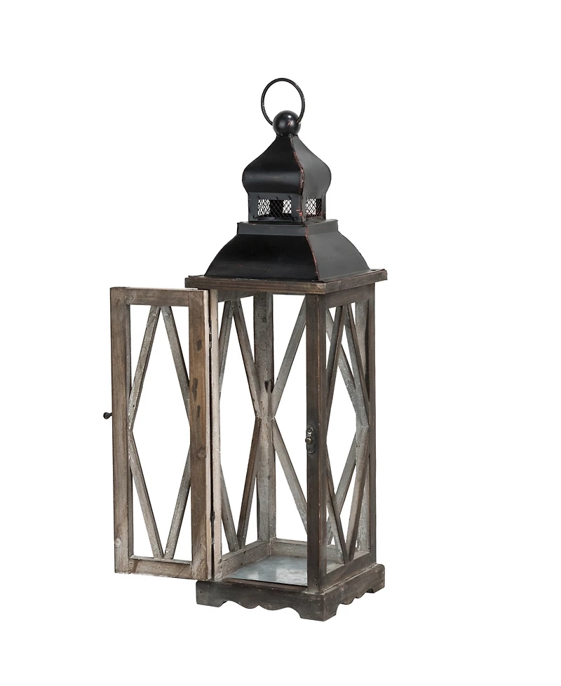 Glitzhome Set of 2  Black Farmhouse Wooden Lanterns With Diamond Window Frame