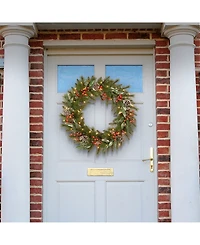 National Tree Company 24" Frosted Pine Berry Collection Wreaths with Cones, Red Berries, Silver Glittered Eucalyptus Leaves & Warm White Battery Opera