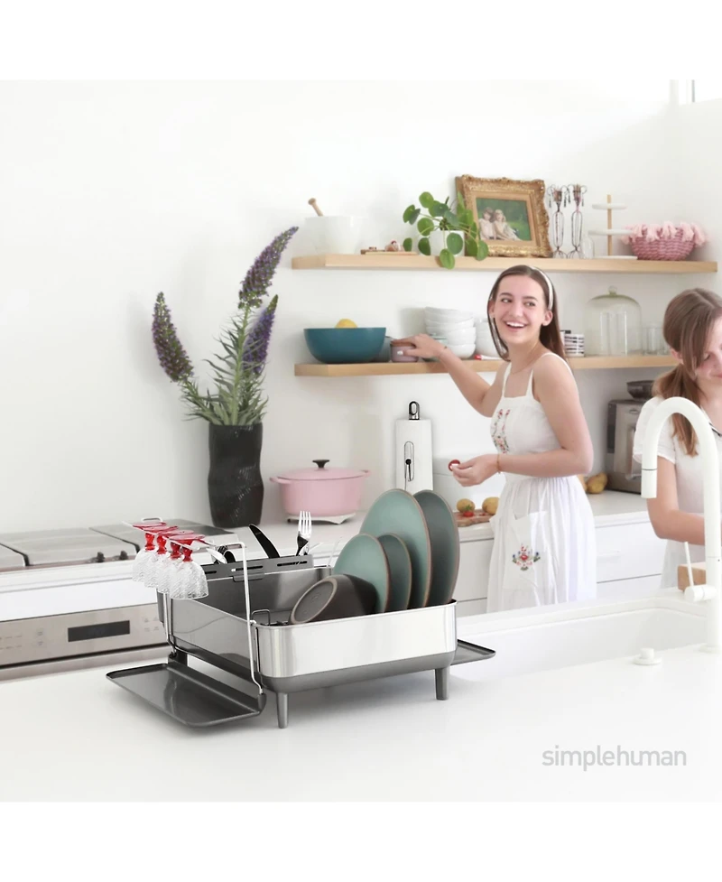 simplehuman Steel Frame Kitchen Dish Drying Rack with Swivel Spout Drain