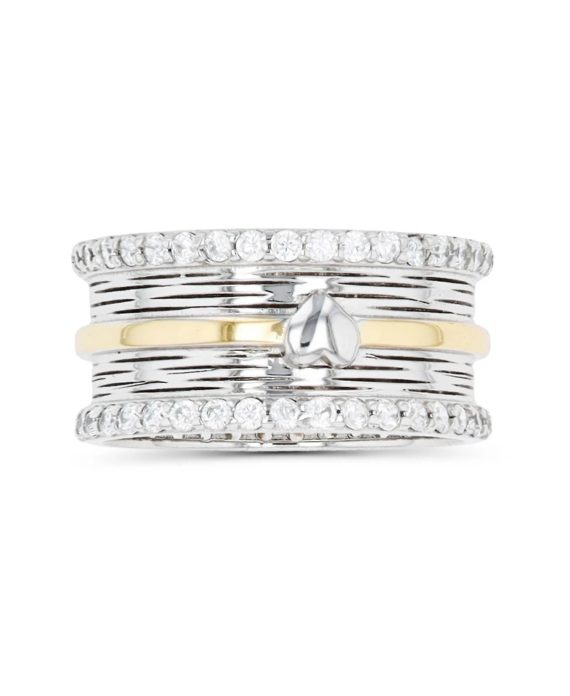 Cubic Zirconia Two Tone Polished Heart Paved Ring