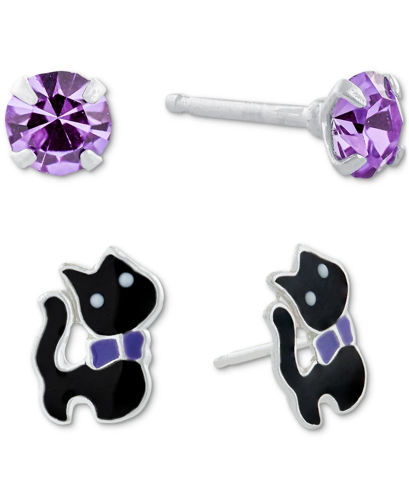 2-Pc. Set Crystal & Cat Stud Earrings in Sterling Silver