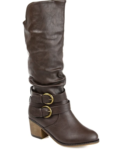 Journee Collection Women's Late Wide Calf Rouched Buckle Mid Shaft Block Heel Boots